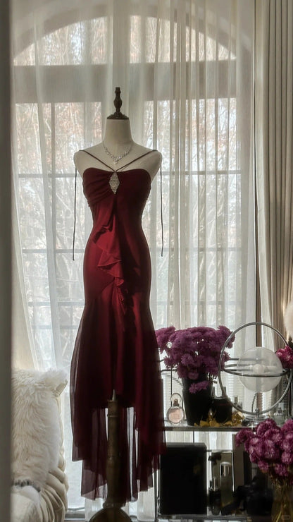 Burgundy Elegant Exquisite Rhinestone Long Chiffon Ball Gown Evening Gown Party Gown Birthday Gown Date Gown gh4164