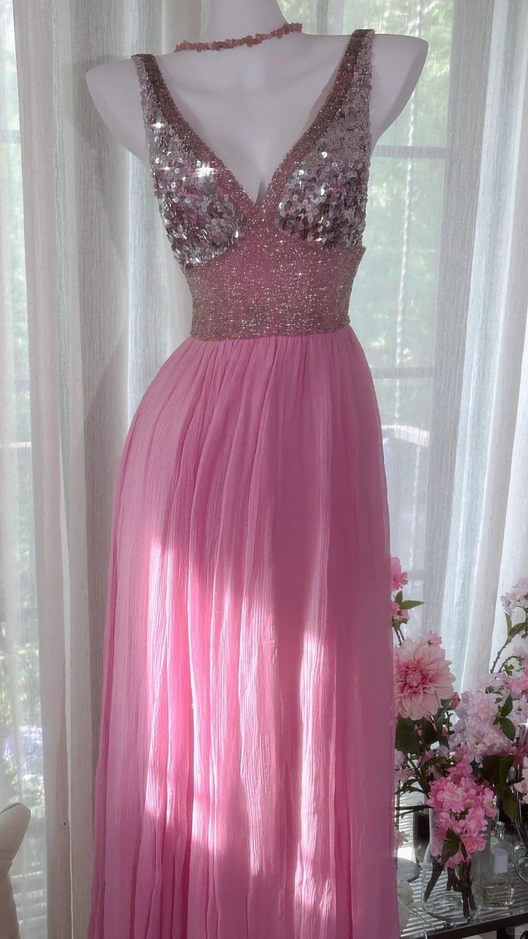 Pink Elegant Shiny V Neck Long Chiffon Ball Gown Evening Dress Party Dress gh4322