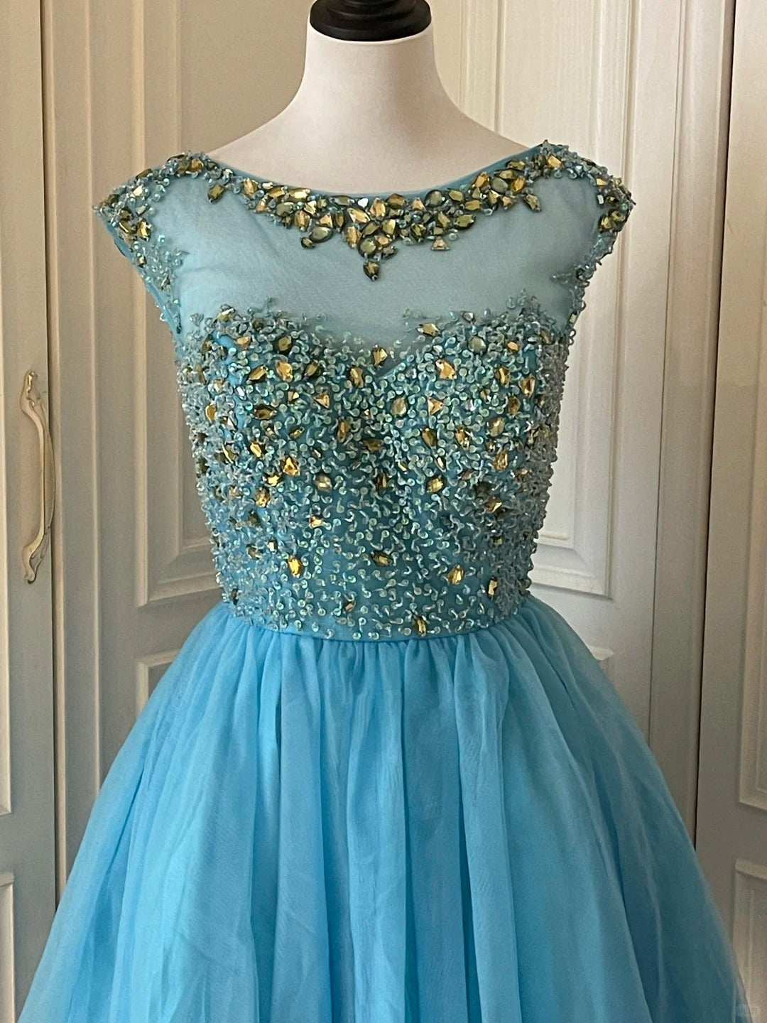 Blue exquisite rhinestone fairy princess ball short homecoming dress prom dress evening dress gh4336
