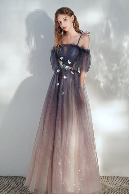 Lovely Spaghetti Straps Lace Long Prom Dress, A-Line Evening Dress