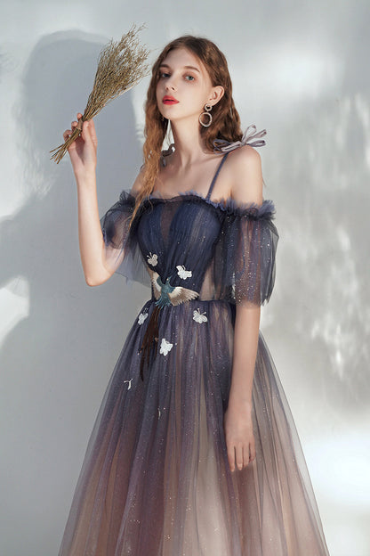 Lovely Spaghetti Straps Lace Long Prom Dress, A-Line Evening Dress