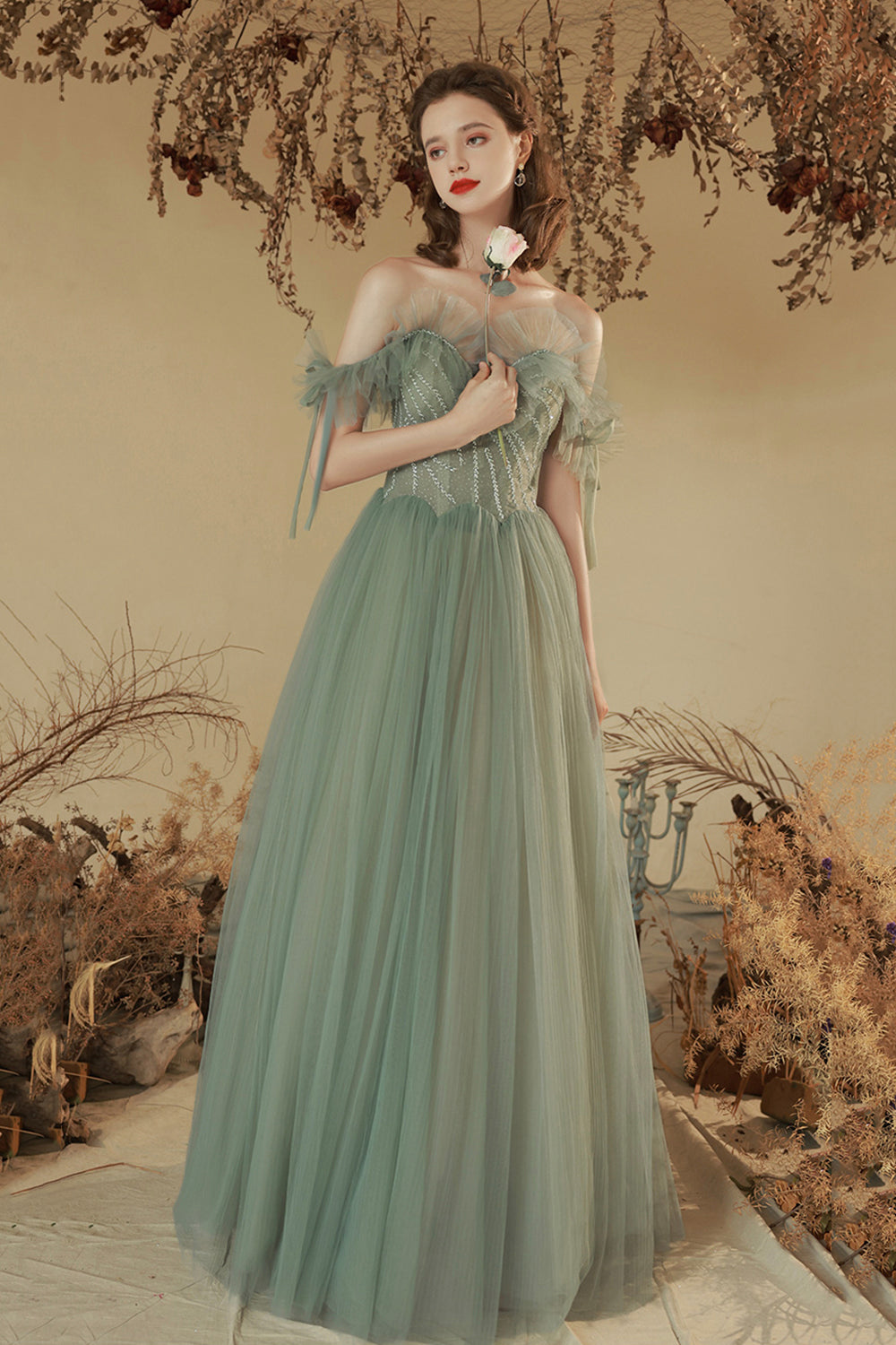 Green Off the Shoulder Tulle Long Prom Dress, Cute A-Line Party Dress