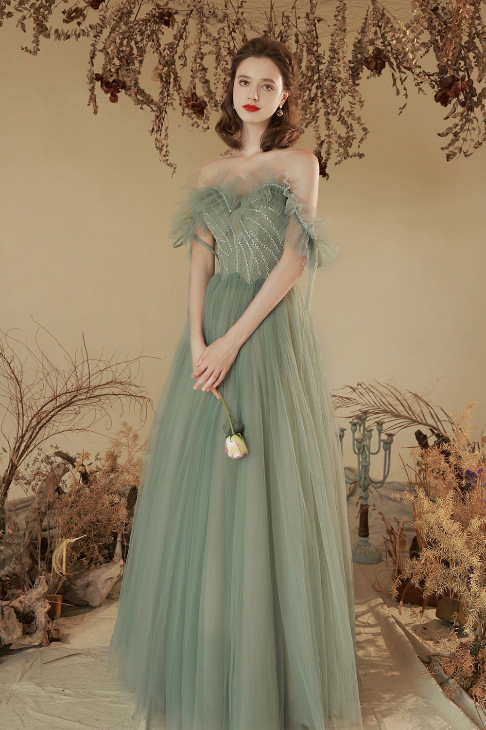 Green Off the Shoulder Tulle Long Prom Dress, Cute A-Line Party Dress