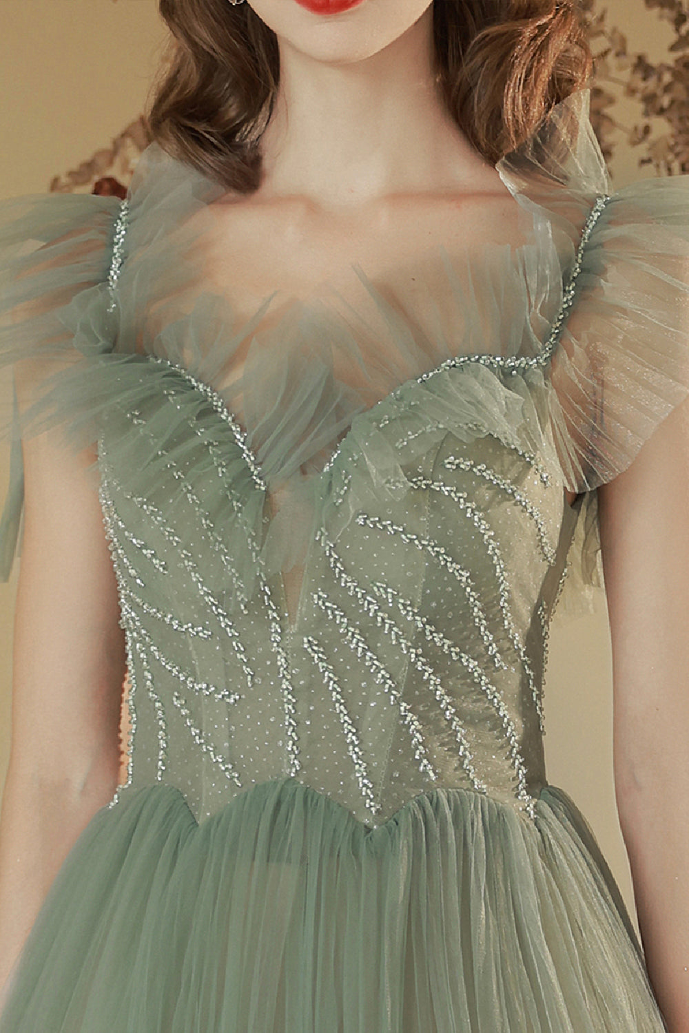 Green Off the Shoulder Tulle Long Prom Dress, Cute A-Line Party Dress