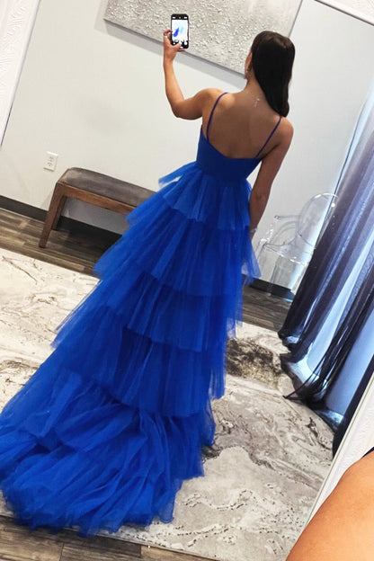 Blue Tulle Layers Long Prom Dress, Beautiful A-Line Backless Evening Party Dress