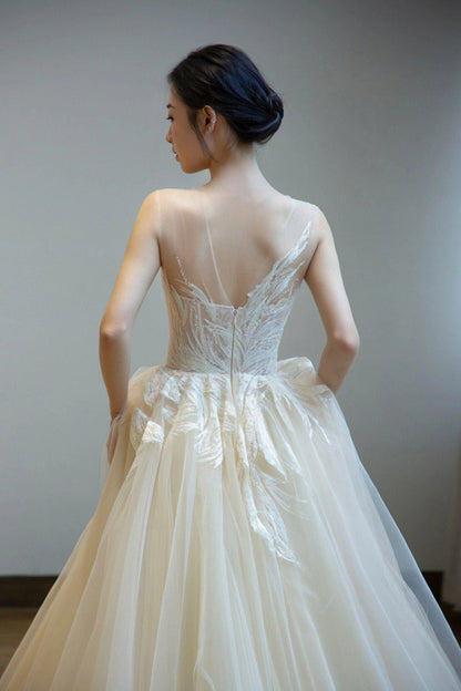 Champagne Scoop Lace Long Prom Dress, A-Line Champagne Evening Dress