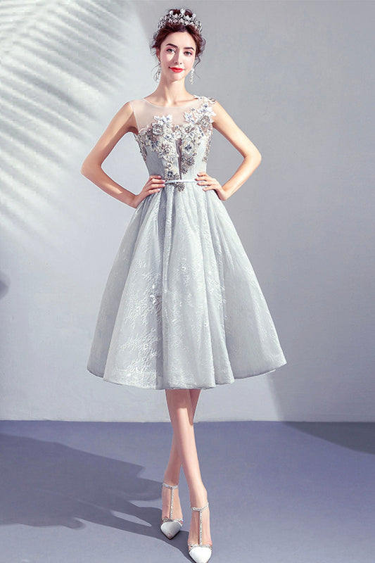 Gray Lace Short A-Line Prom Dress, Cute Scoop Homecoming Party Dress