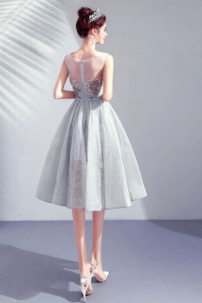 Gray Lace Short A-Line Prom Dress, Cute Scoop Homecoming Party Dress