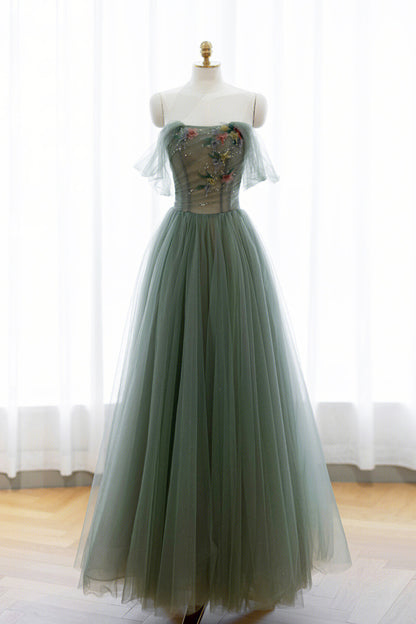 Gray Green Tulle Beaded Long Prom Dress, Beautiful A-Line Evening Dress