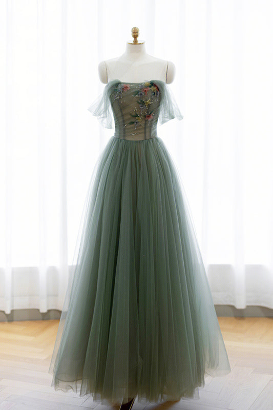 Gray Green Tulle Beaded Long Prom Dress, Beautiful A-Line Evening Dress