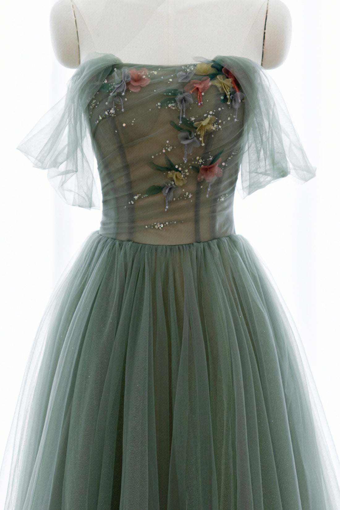 Gray Green Tulle Beaded Long Prom Dress, Beautiful A-Line Evening Dress