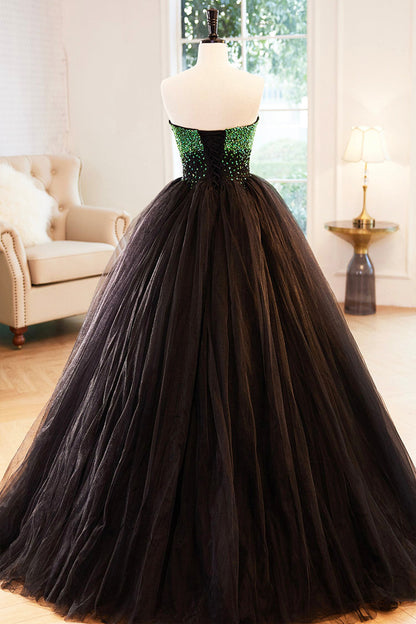 Black Tulle Long Formal Dress with Green Beaded, Black Strapless Prom Dress