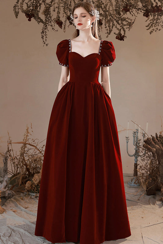 Burgundy Velvet Long Formal Dress, A-Line Short Sleeve Evening Party Dress