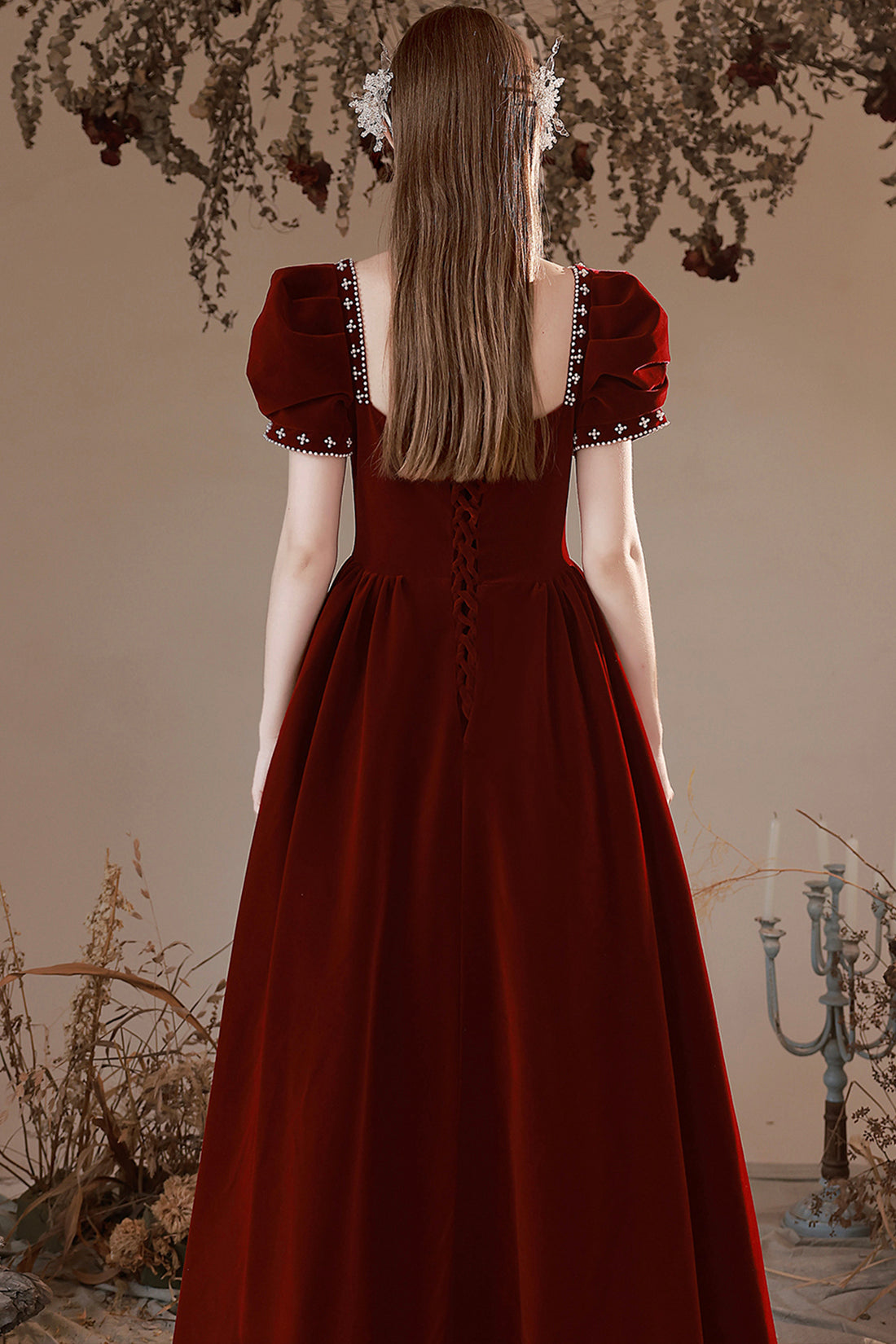 Burgundy Velvet Long Formal Dress, A-Line Short Sleeve Evening Party Dress
