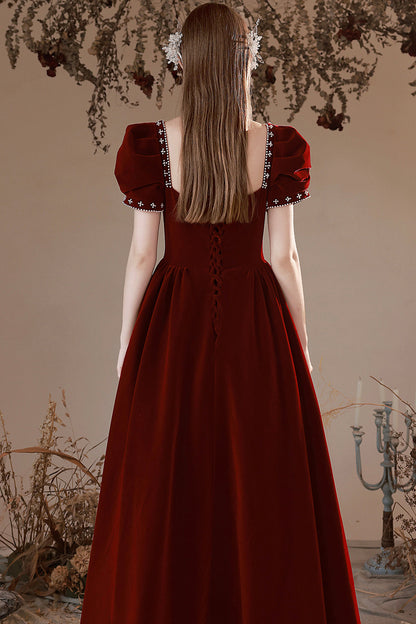 Burgundy Velvet Long Formal Dress, A-Line Short Sleeve Evening Party Dress
