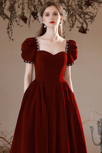 Burgundy Velvet Long Formal Dress, A-Line Short Sleeve Evening Party Dress