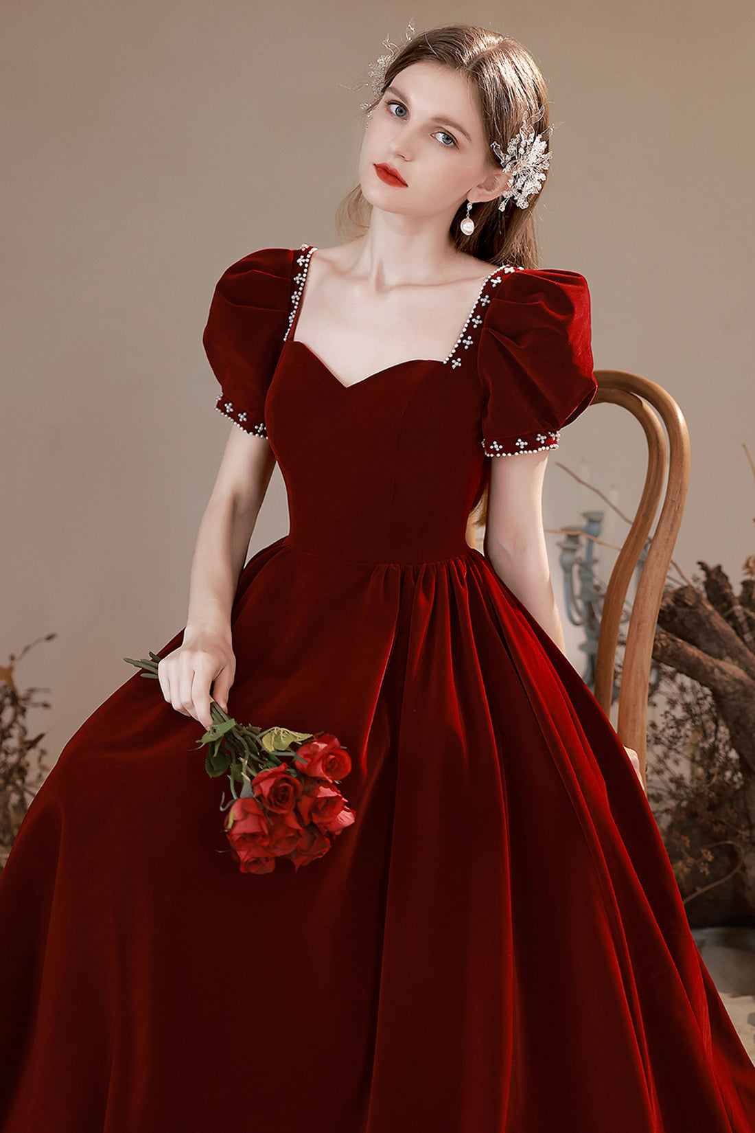 Burgundy Velvet Long Formal Dress, A-Line Short Sleeve Evening Party Dress