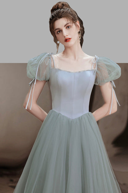 Green A-Line Tulle Long Prom Dress, Green Graduation Party Dress