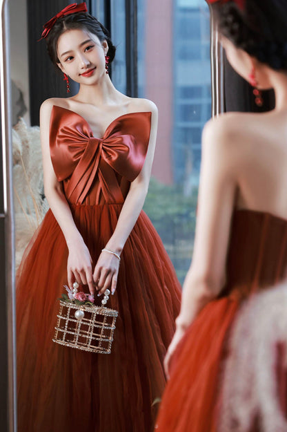 Cute Tulle Long Prom Dress with Bow, Strapless A-Line Evening Party Dress