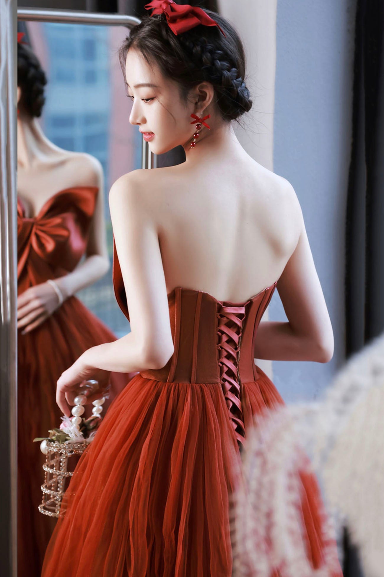 Cute Tulle Long Prom Dress with Bow, Strapless A-Line Evening Party Dress