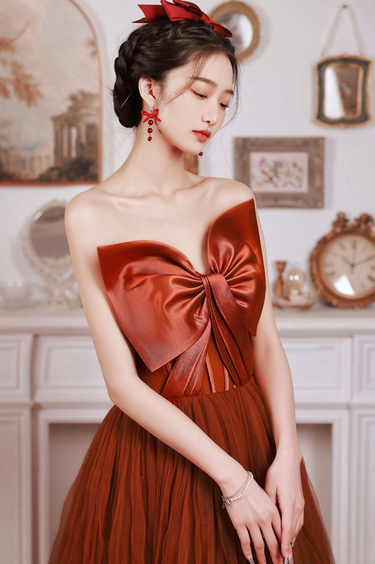 Cute Tulle Long Prom Dress with Bow, Strapless A-Line Evening Party Dress