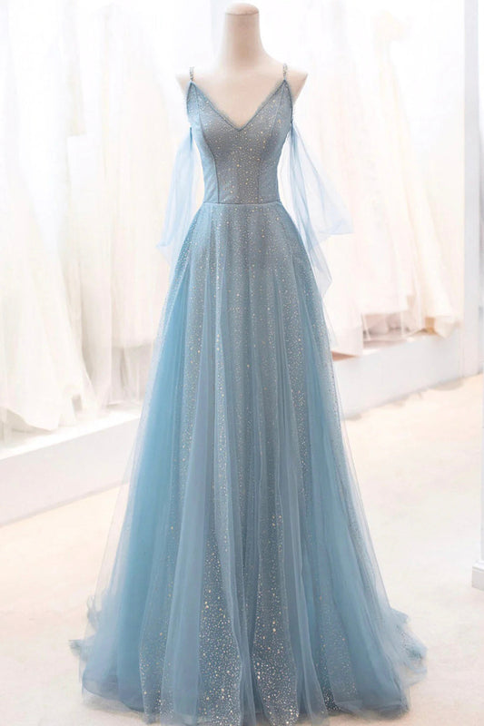 Dusty Blue Sparkly Tulle Long Prom Dress, A-Line Spaghetti Strap Evening Dress