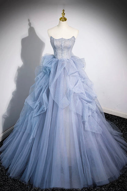Blue Cascading Ruffles Long Prom Dresses, A-Line Strapless Short Sleeve Sweep Train Evening Dress