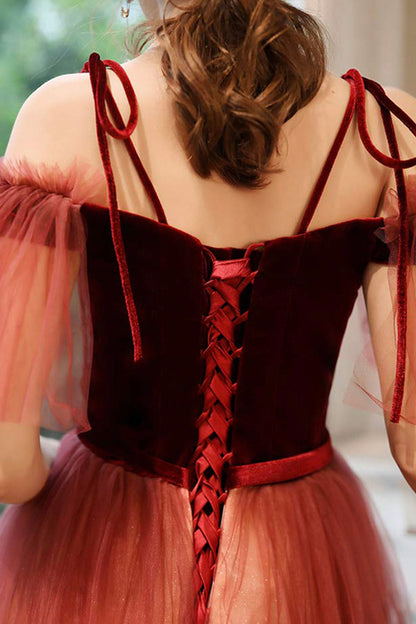 Burgundy Gradient Tulle Long Prom Dress, Lovely Spaghetti Strap Evening Dress