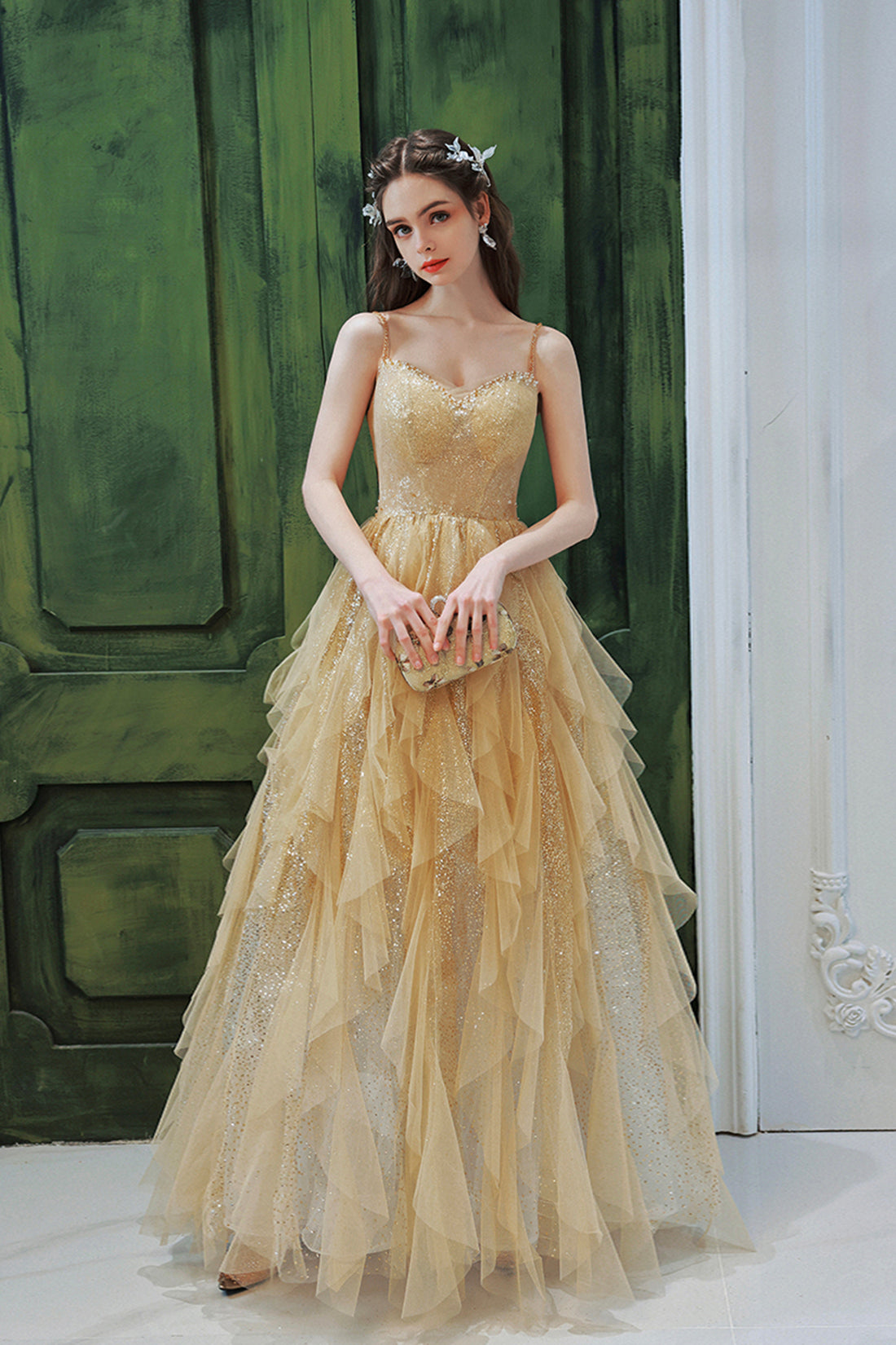 Champagne Tulle Spaghetti Strap Long Prom Dress, Shiny Tulle Evening Party Dress