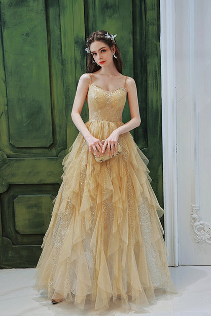 Champagne Tulle Spaghetti Strap Long Prom Dress, Shiny Tulle Evening Party Dress