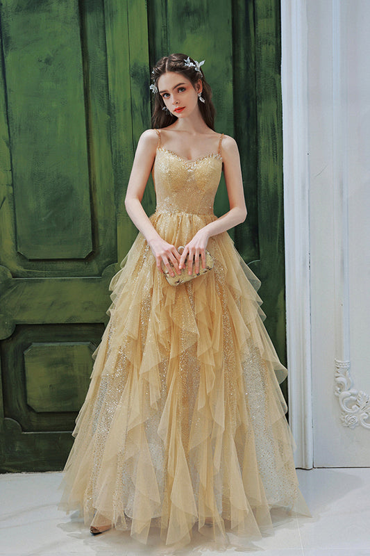Champagne Tulle Spaghetti Strap Long Prom Dress, Shiny Tulle Evening Party Dress