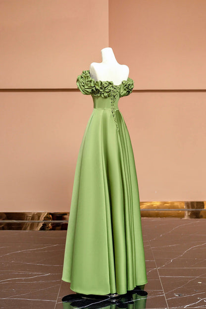 Green Satin Floor Length Prom Dress, Off the Shoulder Evening Party Dress