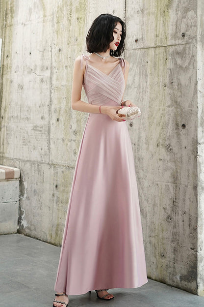 Pink V-neck Long Prom Dress, Simple Spaghetti Straps Evening Dress
