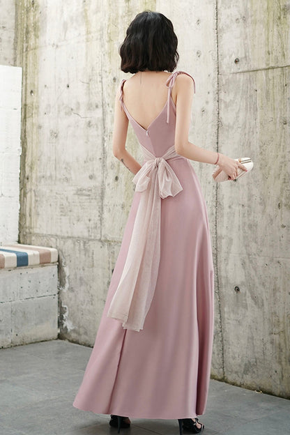 Pink V-neck Long Prom Dress, Simple Spaghetti Straps Evening Dress