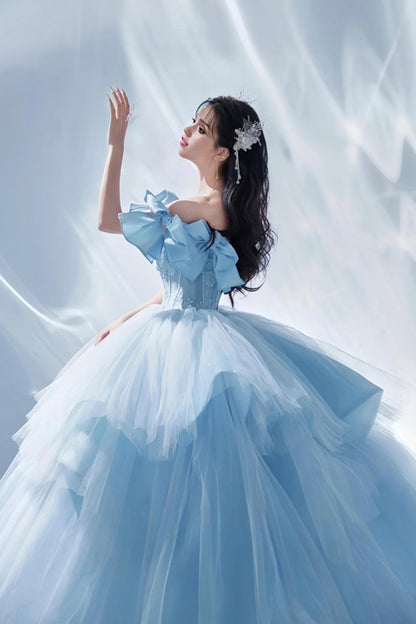 Gorgeous Blue Tulle Long Ball Gown with Bow, Off the Shoulder Lace Formal Dress