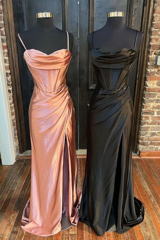 Mermaid Satin Long Prom Dress with Slit, Spaghetti Straps Evening Dress