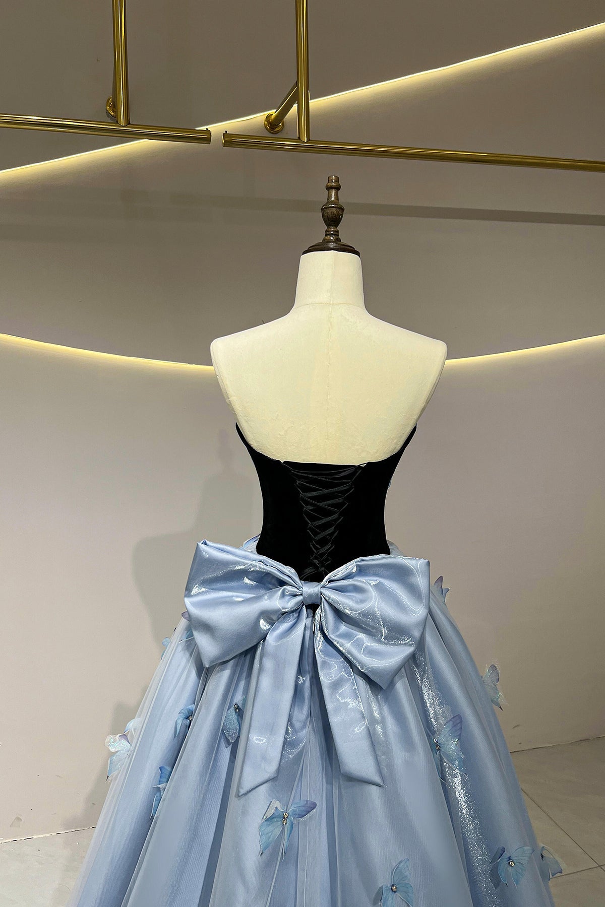 Black Velvet and Blue Satin Long Prom Dress, A-Line Strapless Party Dress