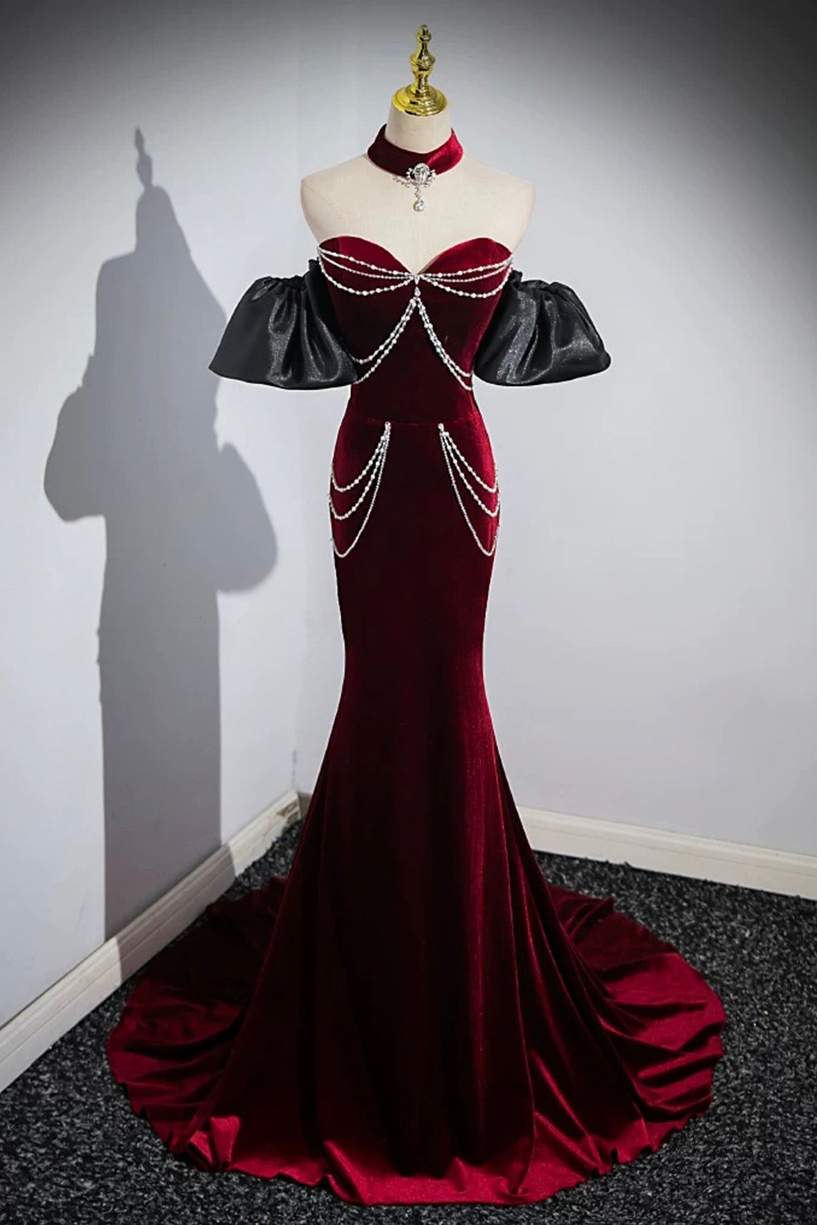 Burgundy Velvet Long Prom Dress, Mermaid Strapless Evening Party Dress