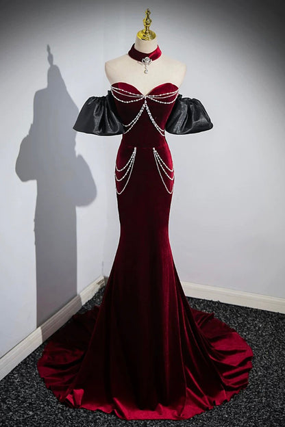 Burgundy Velvet Long Prom Dress, Mermaid Strapless Evening Party Dress