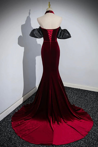 Burgundy Velvet Long Prom Dress, Mermaid Strapless Evening Party Dress