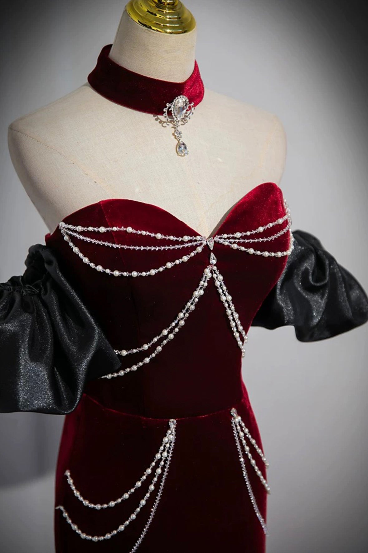 Burgundy Velvet Long Prom Dress, Mermaid Strapless Evening Party Dress