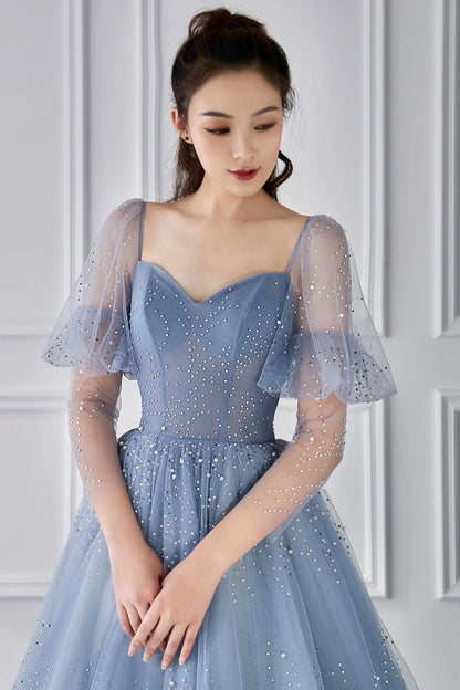 Blue Tulle Beaded Long Sleeve Prom Dress, A-Line Blue Evening Party Dress