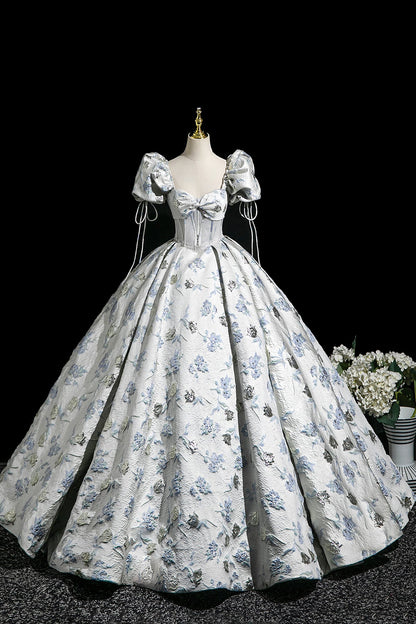 Elegant Floral Pattern Floor Length Prom Dress, A-Line Short Sleeve Party Dress