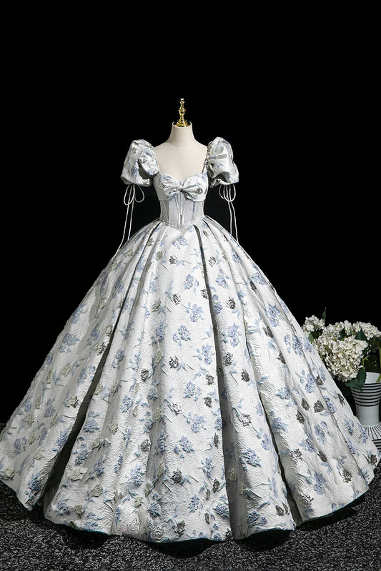 Elegant Floral Pattern Floor Length Prom Dress, A-Line Short Sleeve Party Dress