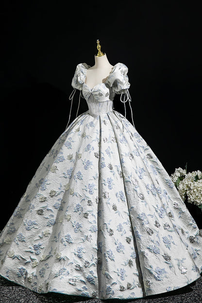 Elegant Floral Pattern Floor Length Prom Dress, A-Line Short Sleeve Party Dress