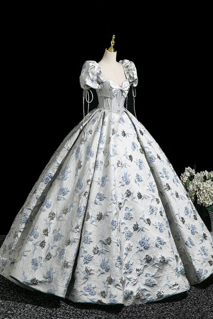 Elegant Floral Pattern Floor Length Prom Dress, A-Line Short Sleeve Party Dress