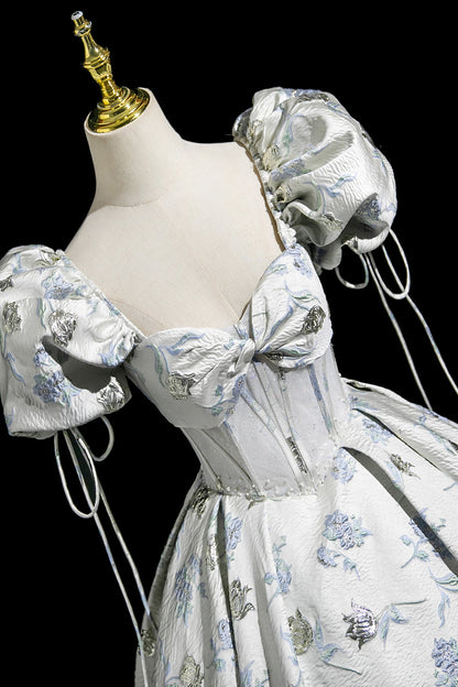 Elegant Floral Pattern Floor Length Prom Dress, A-Line Short Sleeve Party Dress