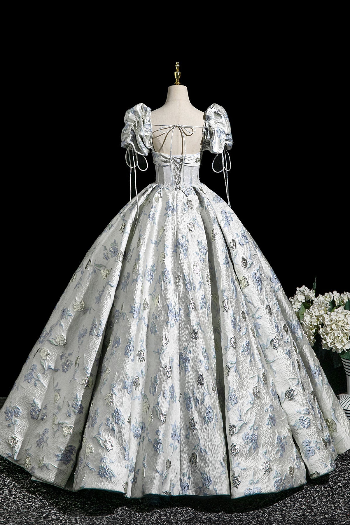 Elegant Floral Pattern Floor Length Prom Dress, A-Line Short Sleeve Party Dress