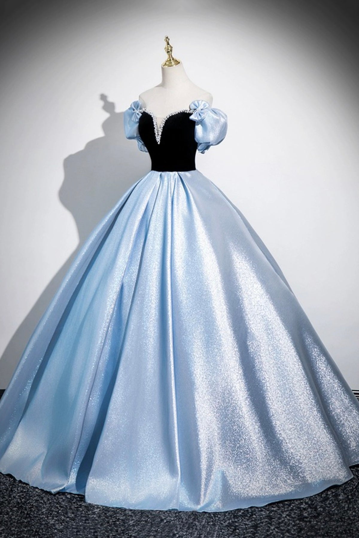 Black Velvet and Blue Satin Long Prom Dress, A-Line Off the Shoulder Evening Dress