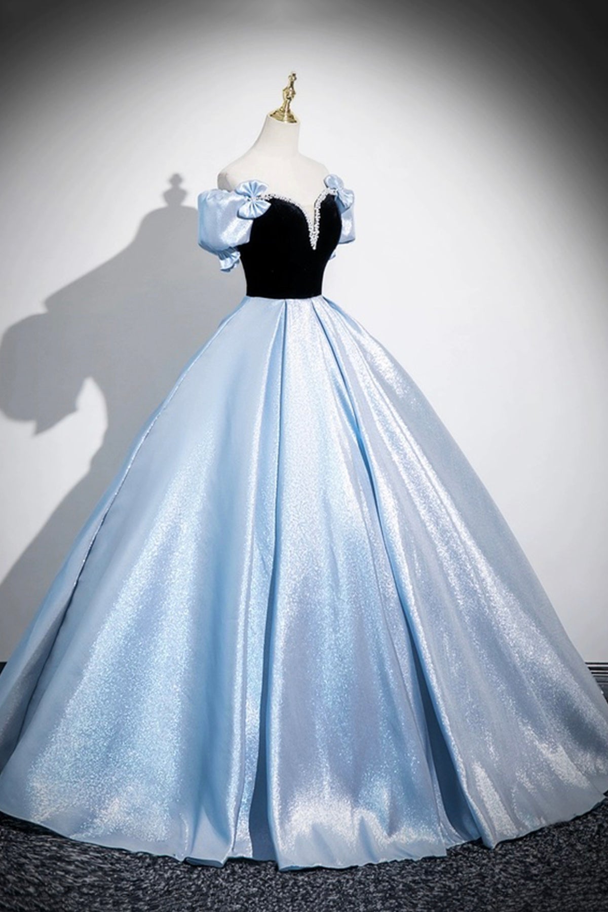 Black Velvet and Blue Satin Long Prom Dress, A-Line Off the Shoulder Evening Dress